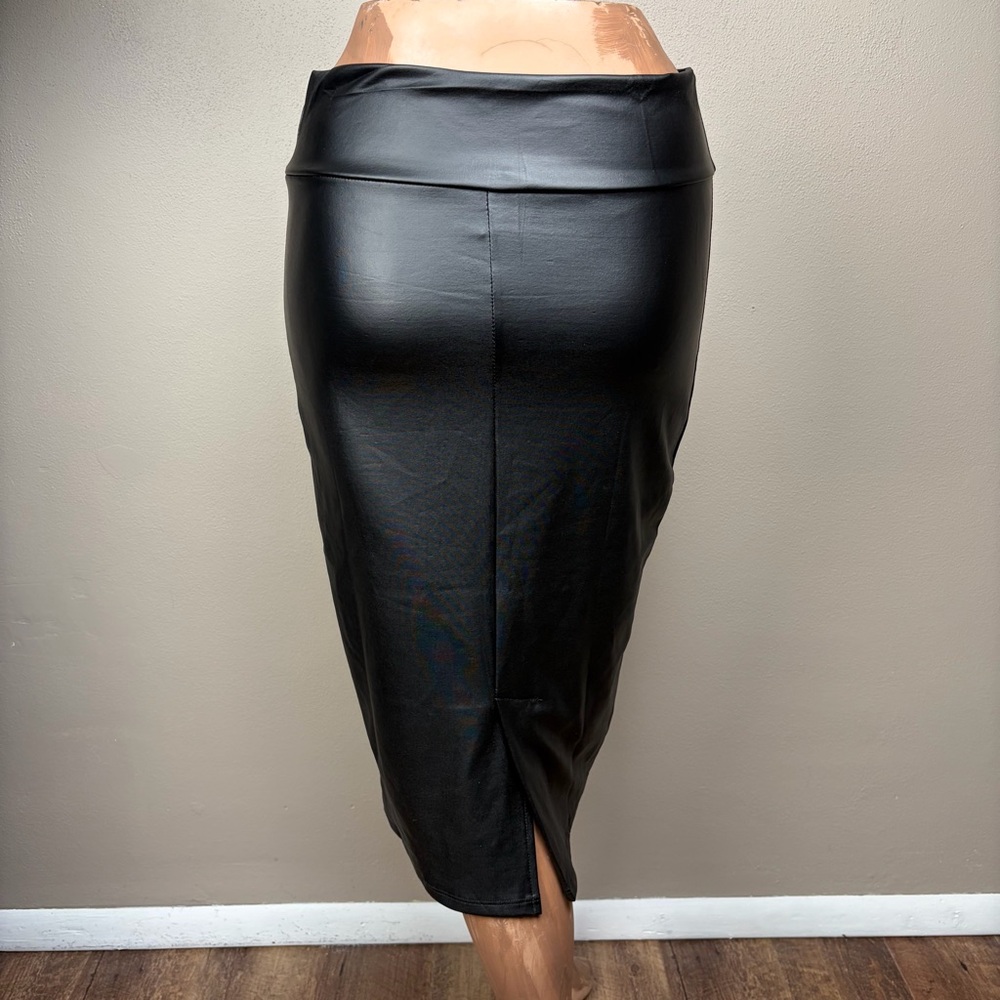 SIMLU Black Faux Leather Midi Pencil Skirt Very Stretchy High Waist Office M EUC - Picture 6 of 15